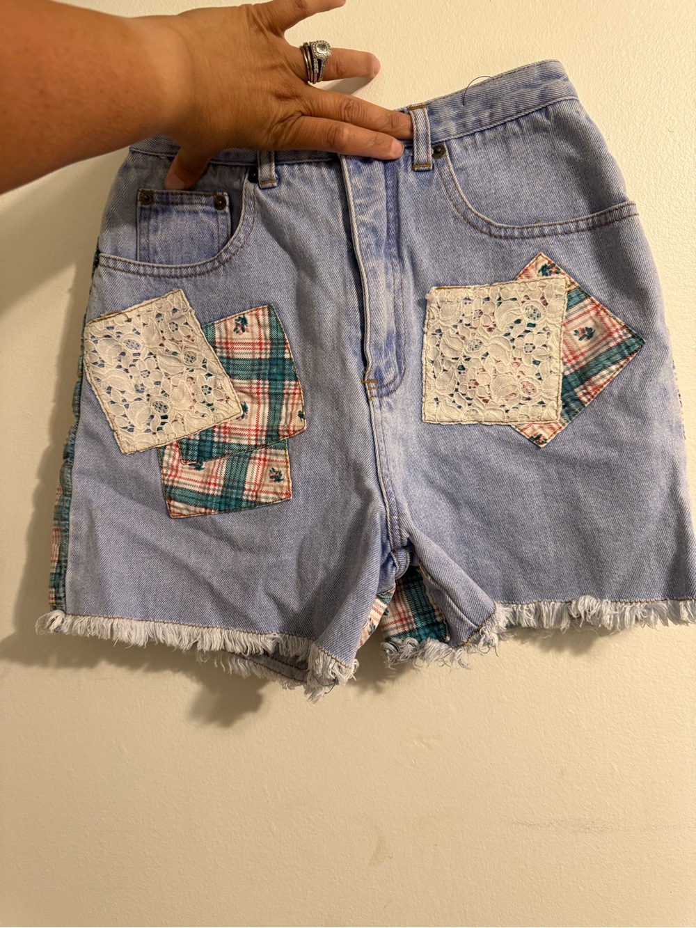 Vintage Stefano International Kids Denim Patchwork Shorts with Lace Accents